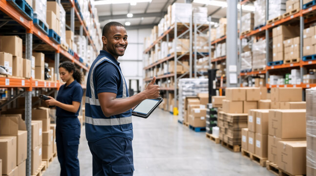 Smiling Black male warehouse worker holding tablet and showing thumbs up. Logistics employee in uniform with colleague in background. Inventory management and distribution concept