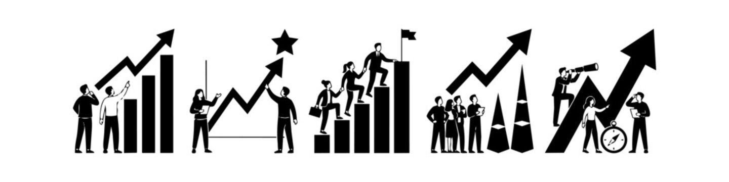 Set of business growth silhouettes showing teamwork, financial progress, and success. People interacting with arrows, bar charts, stars, and a compass in a minimalist flat style.