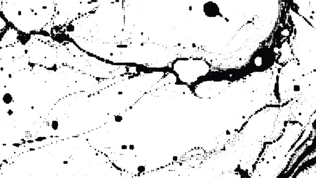 Intricate network of halftone dotted lines and scattered black ink spots creating organic marble texture on transparent layer.