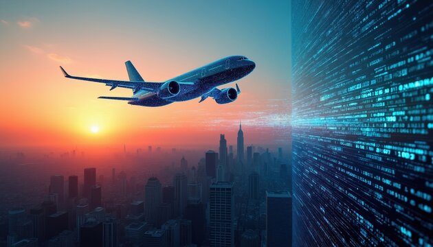 Airplane flies over city skyline at sunset. Blue digital data grid overlay suggests future tech connectivity and global travel information systems.