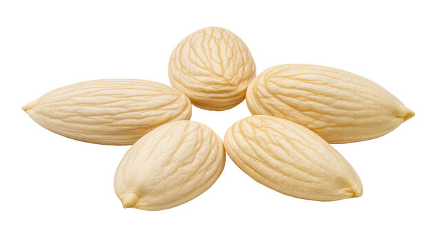 Five blanched almonds arranged in a star shape, isolated on transparent background