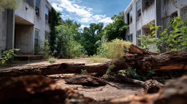 Post apocalyptic scene of a derelict residential complex with broken windows and a large fallen log in the foreground taken on a sunny day.