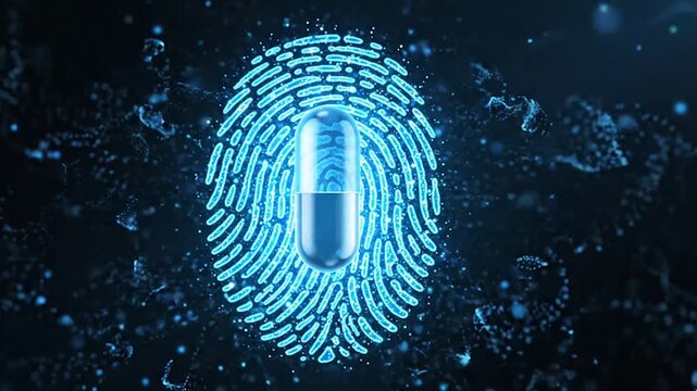 Futuristic glowing DNA mutating into a biometric fingerprint with a medical pill inside, representing personalized medicine and advanced healthcare technology.