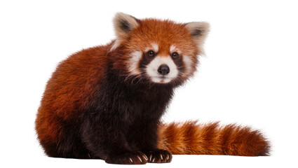 Fluffy red panda with bushy striped tail, isolated on transparent background © Matteo