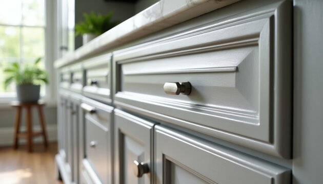 Close view of grey kitchen cabinets with satin nickel knobs. Shows decorative drawer fronts with bevelled edges and cabinet doors. Elegant home decor detail.