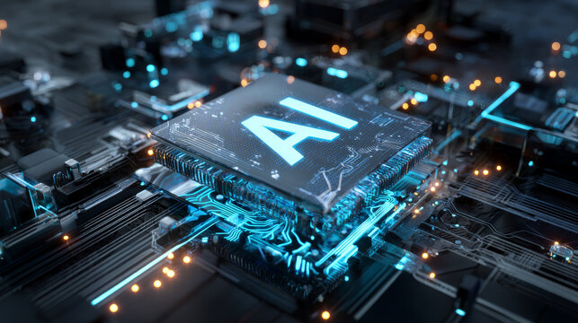 3D Rendering of computer mother board chip with AI text and glowing circuit background. Large copy space. Concept for artificial intelligence, big data, machine learning, robot trading, cryptocurrency