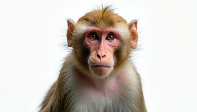 Rhesus macaque monkey portrait with detailed face and fur. Animal stares forward on clean white background. Monkey is alert, focused, intelligent, serious.