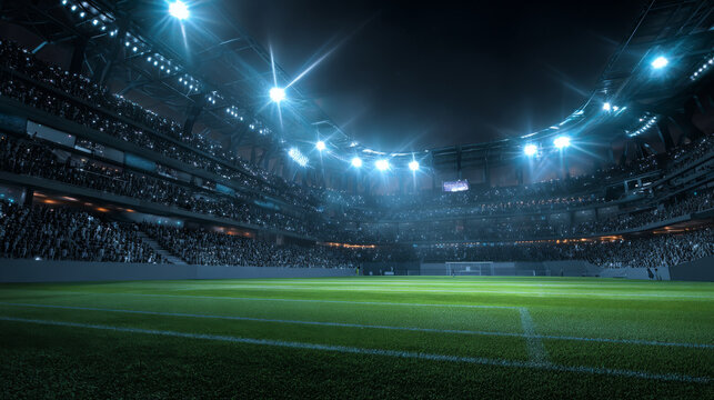 3D Rendering of soccer sport stadium, green grass during night match with crowd of audience and bright led spot lights and camera flashes