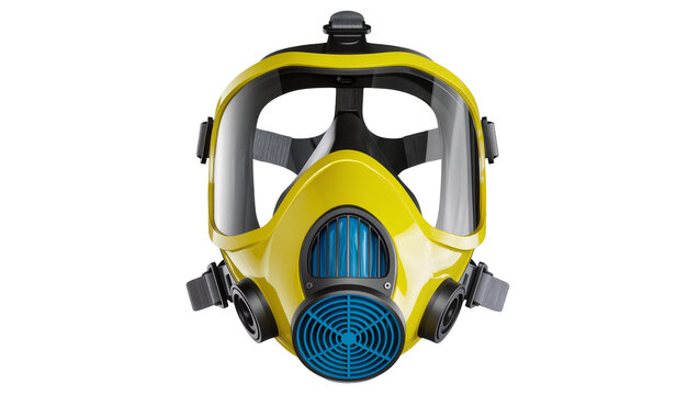 Bright yellow full face respirator with blue filters, isolated on transparent background