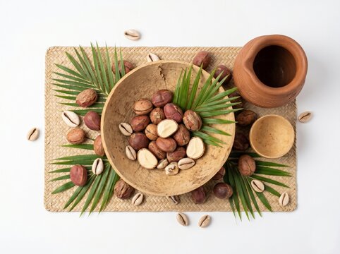 Top view of kola nuts in wooden bowl with palm leaves and cowrie shells
