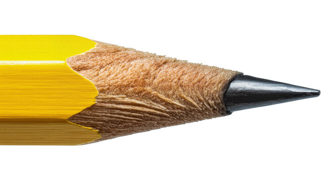 Sharp graphite pencil tip with yellow wooden casing, isolated on transparent background