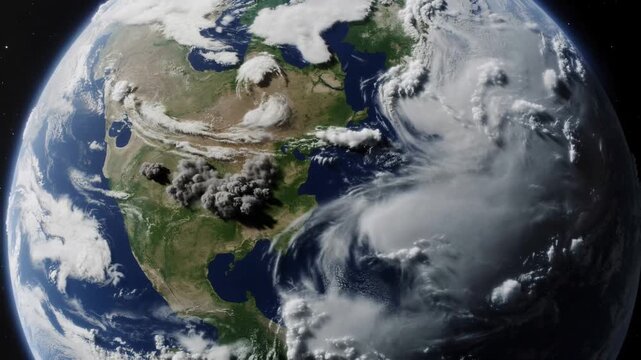Earth planet view from space with large explosion and smoke plume over North America aerial view