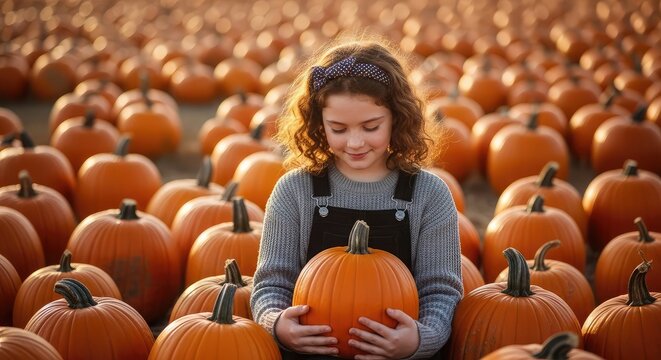 Young girl surrounded by pumpkins at a pumpkin patch in autumn