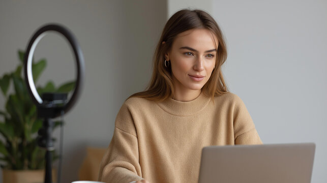 Woman recording a tutorial on a laptop with a ring light and camera setup visible, at-home content creation studio concept, with copy space