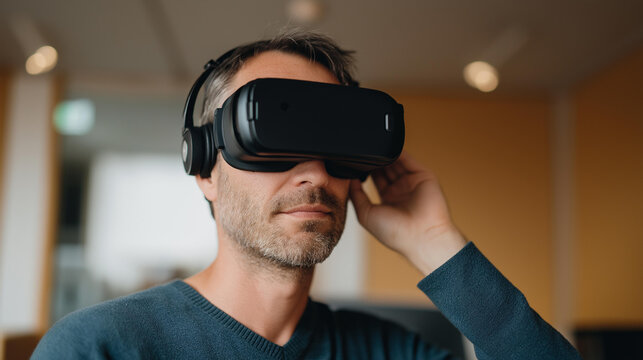 Creative vlogger filming a VR headphone review in a professional studio podcast setting, social media in the digital era concept, with copy space
