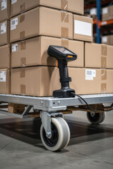 Fototapeta premium Handheld barcode scanner on cart loaded with parcels in busy warehouse aisle
