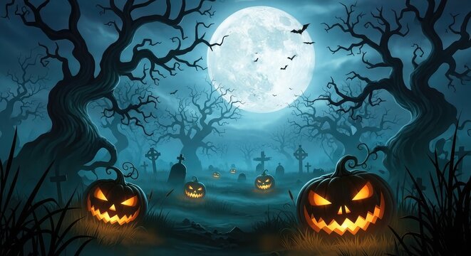 Spooky halloween night in a cemetery with jack o' lanterns and a full moon