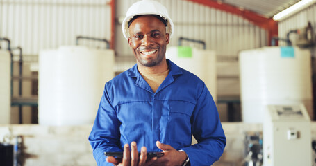 Happy, black man and portrait with tablet in factory for production, distribution or maintenance....