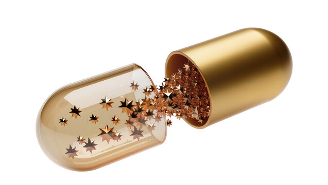 Golden capsule spilling star-shaped glitter, isolated on transparent background