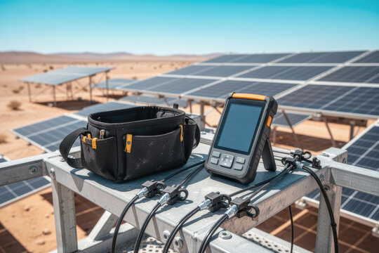 Multimeter and tool bag on metal rack at solar farm with panels in view