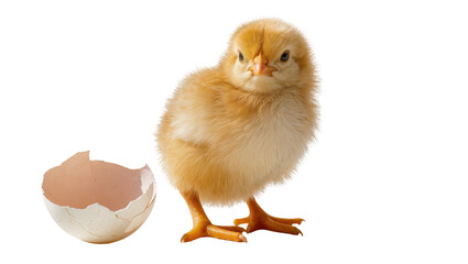 Fluffy yellow chick standing next to cracked eggshell, isolated on transparent background © Daniel