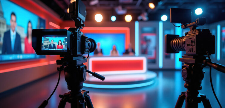 Pro video cameras record live news broadcast in modern TV studio with anchor desk and background screens showing presenters. Blue and orange lights create atmosphere for media production.