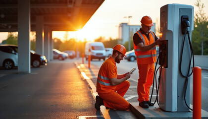 Naklejka premium Two male technicians in orange vests install an EV charging station. One checks a tablet while the other works on the unit. Cars are parked nearby at sunset.