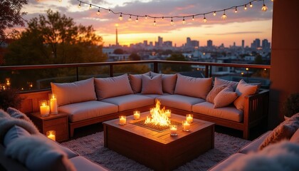 Obraz premium Rooftop patio lounge with sectional sofa and fire pit. City skyline view at sunset with string lights. Cozy seating area, outdoor living space, warm ambiance.