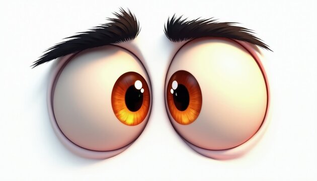 Cartoon eyes stare forward with surprise, curiosity. Expressive eyebrows arch high over large amber irises, creating playful, whimsical look. These exaggerated eyeballs have vibrant, energetic feel.