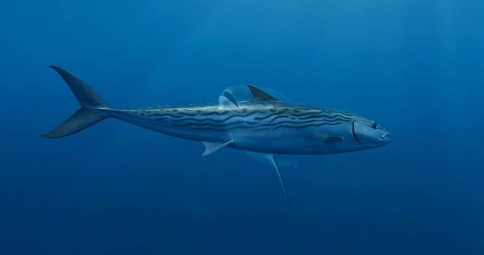 Ocean tuna fish swimming deep blue water with bubbles dynamic close up of marine life and motion striped mackerel fish swimming clear blue ocean with soft light sleek silver body and wavy dark