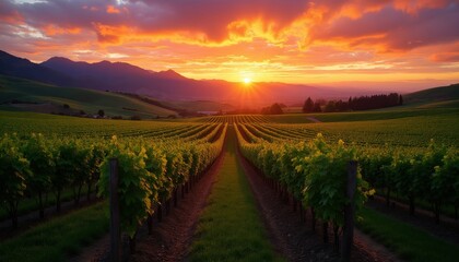 Fototapeta premium Vineyard rows under dramatic sunset sky with mountains. Green hills, grapevines ready for harvest. Golden hour light paints landscape. Peaceful rural winery scene.