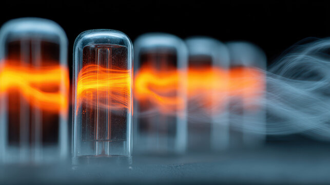 Artificial intelligence large language models LLM concept with glowing vacuum tubes and bright orange filament light creating futuristic effect