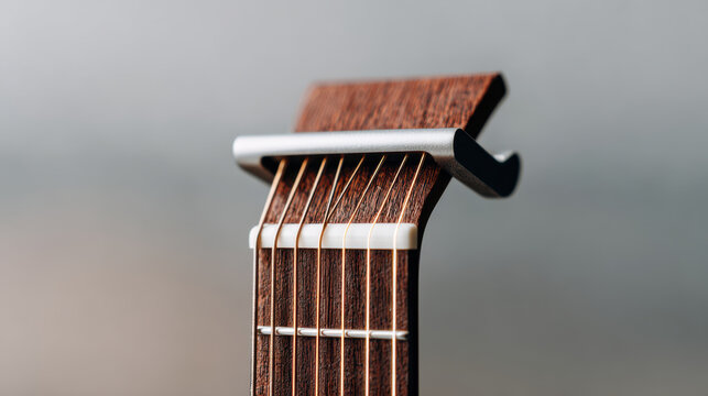 Artificial intelligence enhances large language models LLM to analyze detailed close up of guitar strings and capo on wooden neck with precision