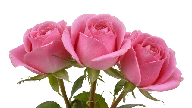 Three delicate pink roses with green stems, isolated on transparent background