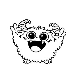 Naklejka premium Cute fluffy monster character illustration (raising hands, happy expression, simple line art)