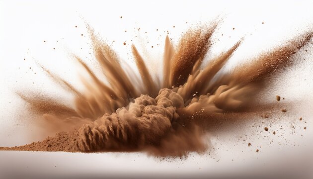 dynamic explosion of brown sand and dust flying powerful burst of particles on white background creating chaotic motion effect