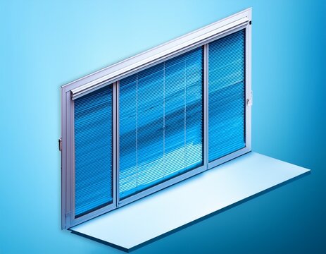 isometric view of a modern roller shutter partially covering a large blue glass window providing security and privacy
