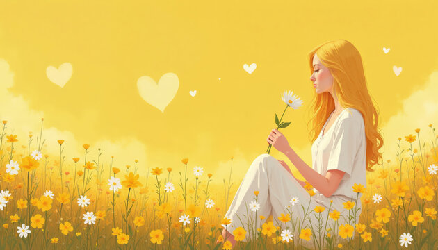 Woman with blonde hair sits in field of yellow flowers holding white bloom. Hearts float in bright sunlit sky. Gentle breeze blows through flora.