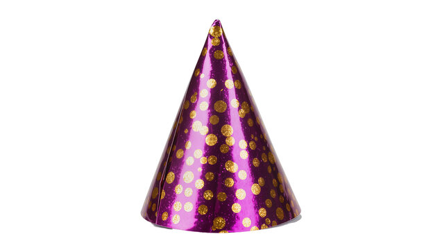 Purple polka dot party hat, festive celebration accessory isolated on transparent background