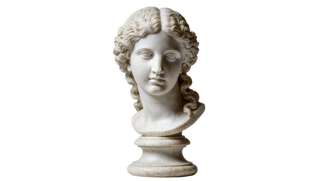 Classical marble bust of a woman with curly hair, isolated on transparent background