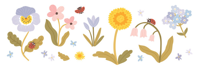 Flower vector set with ladybug and dandelion in spring style, cute hand-drawn botanical illustration for posters and nursery, stylish aesthetic naive doodle for packaging and kids design. © Svitlana Kharchuk