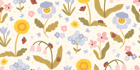 Flower vector seamless pattern with ladybug and dandelion in spring style, cute hand-drawn botanical illustration for posters and nursery, stylish aesthetic naive doodle for packaging and kids design. © Svitlana Kharchuk