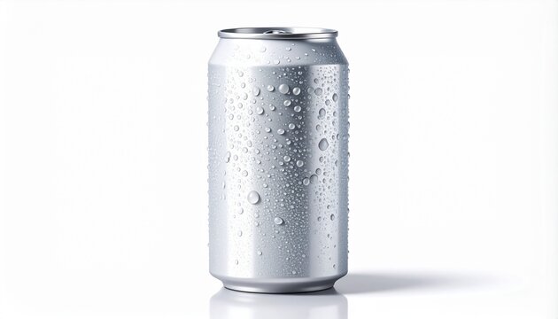  Refreshing Aluminum Beverage Can: A pristine silver aluminum beverage can, beaded with condensation, stands upright, evoking the anticipation of a cool and refreshing drink.