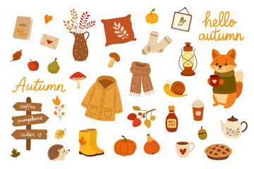 Autumn themed elements set with leaves pumpkins acorns cozy seasonal collection © INVITO ARTE
