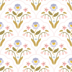 Elegant seamless pattern with spring flowers in a scallop ogee grid. Sophisticated botanical repeat background with pansy and primrose in naive hand-drawn style for luxury textile and wallpaper © Svitlana Kharchuk