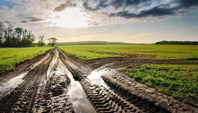 landscape with wheel tracks on a muddy field