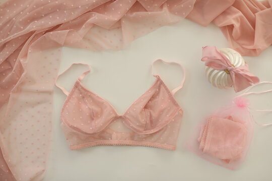 Flat lay with women romantic underwear, top view. Set of glamorous stylish sexy lace lingerie. Beauty, Shopping and fashion concept. Female bra, Lingerie advertising, flat lay top view copy space