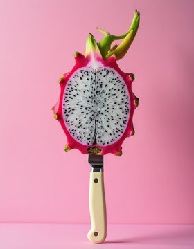 Half dragon fruit impaled on a knife with cream handle. Black seeds in white flesh visible. Bright pink skin contrasts with pastel pink background, studio shot.
