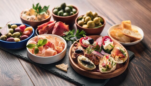 assorted mediterranean tapas platter with fresh herbs and colorful dishes