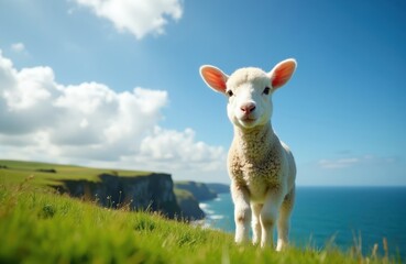 Fototapeta premium Young lamb stands on green grass hill near ocean cliff edge. Blue sky with white clouds, bright sunny day. Coastal nature scene, rural landscape with farm animal.